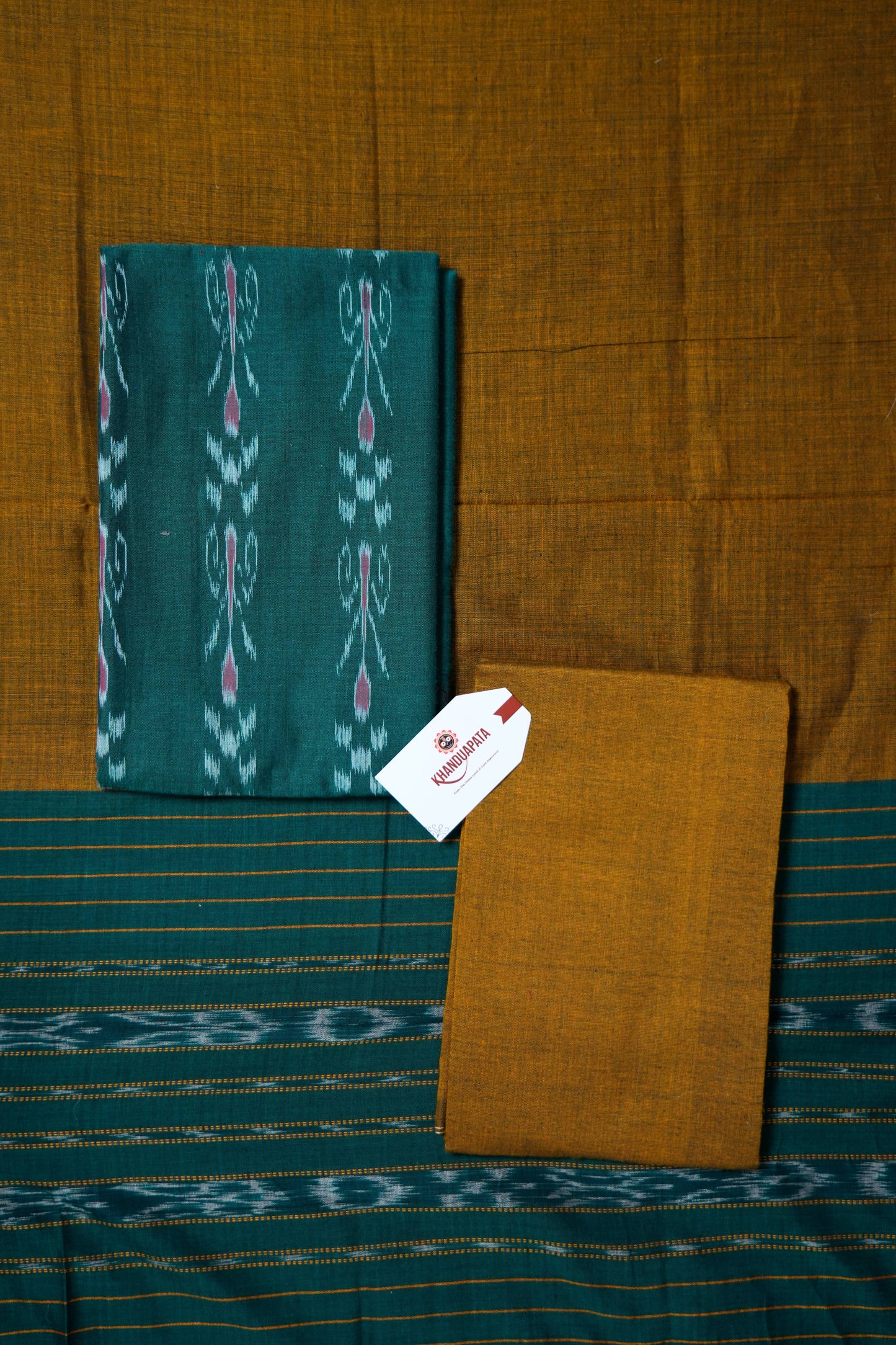 Green & Mustard Pasapali Tree Design Unstitched Cotton Suit For Women