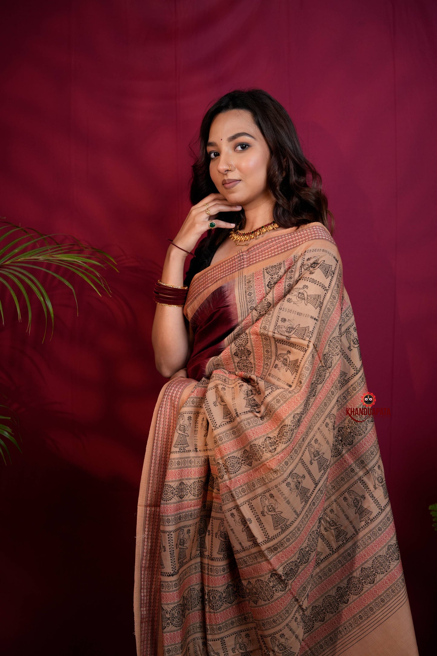 Maroon & Beige Colour Doll Design Cotton Saree For Women