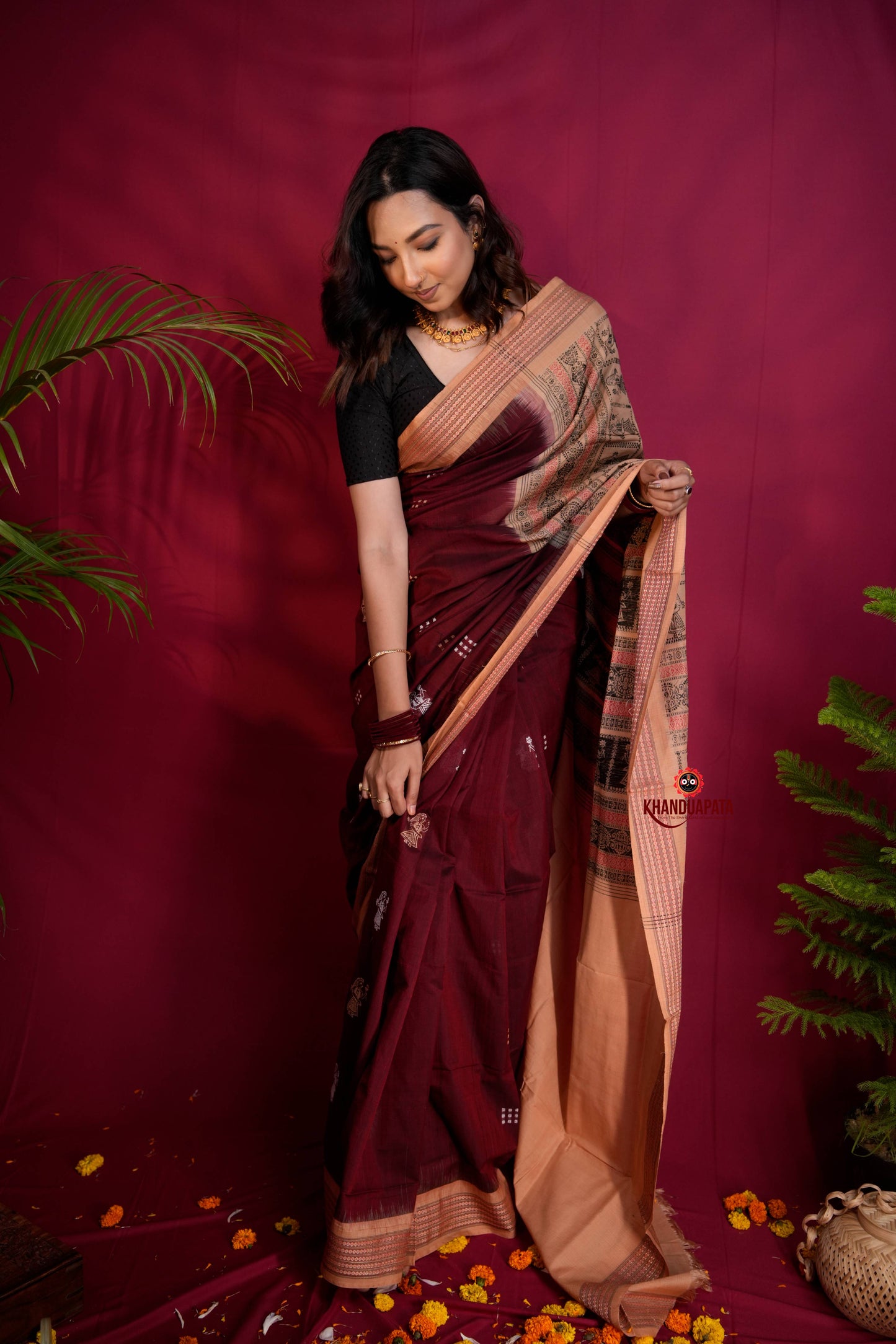 Maroon & Beige Colour Doll Design Cotton Saree For Women