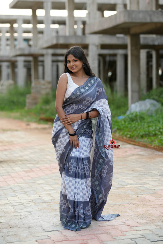 Grey & White Body Design Cotton Saree For Women