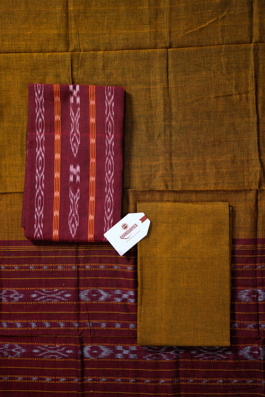 Maroon & Mustard Arrow Design Unstitched Cotton Suit For Women