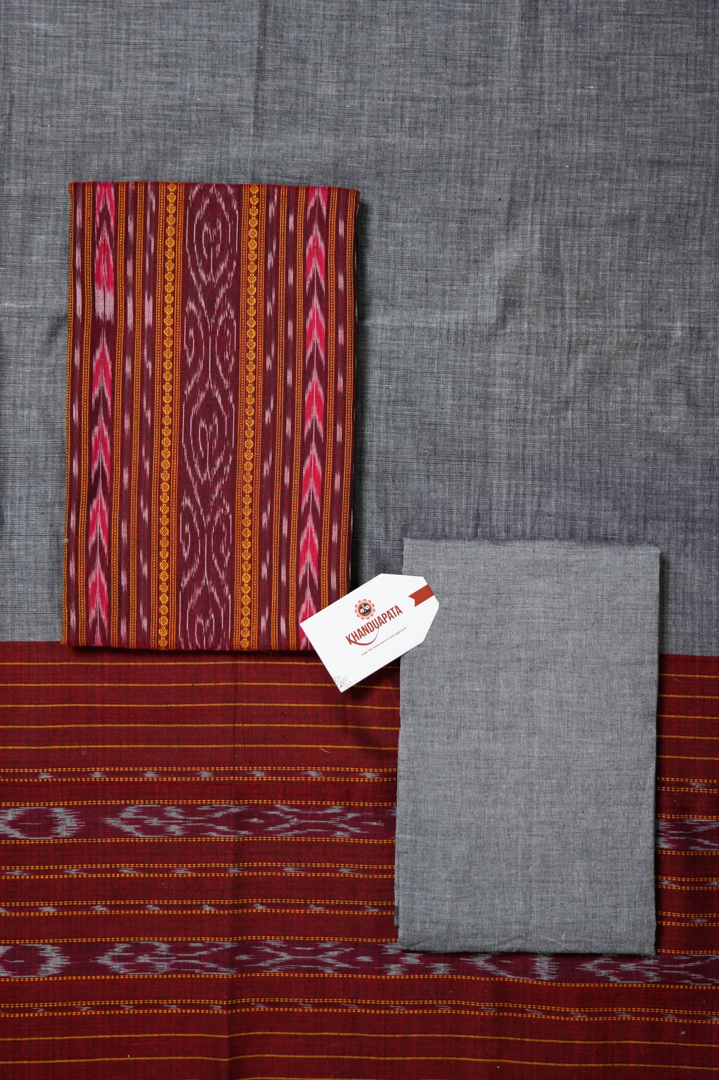 Maroon & Grey Pot Design Unstitched Cotton Suit For Women