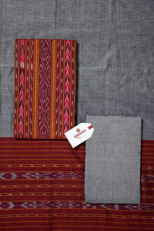 Maroon & Grey Pot Design Unstitched Cotton Suit For Women
