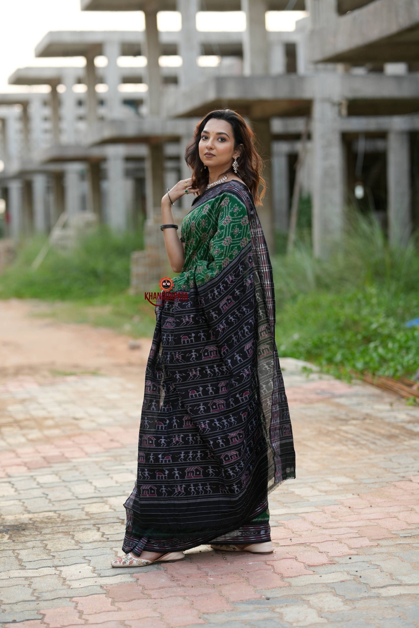 Black & Green Body Design Cotton Saree For Women