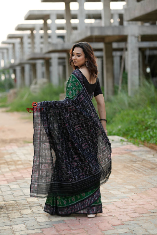 Black & Green Body Design Cotton Saree For Women