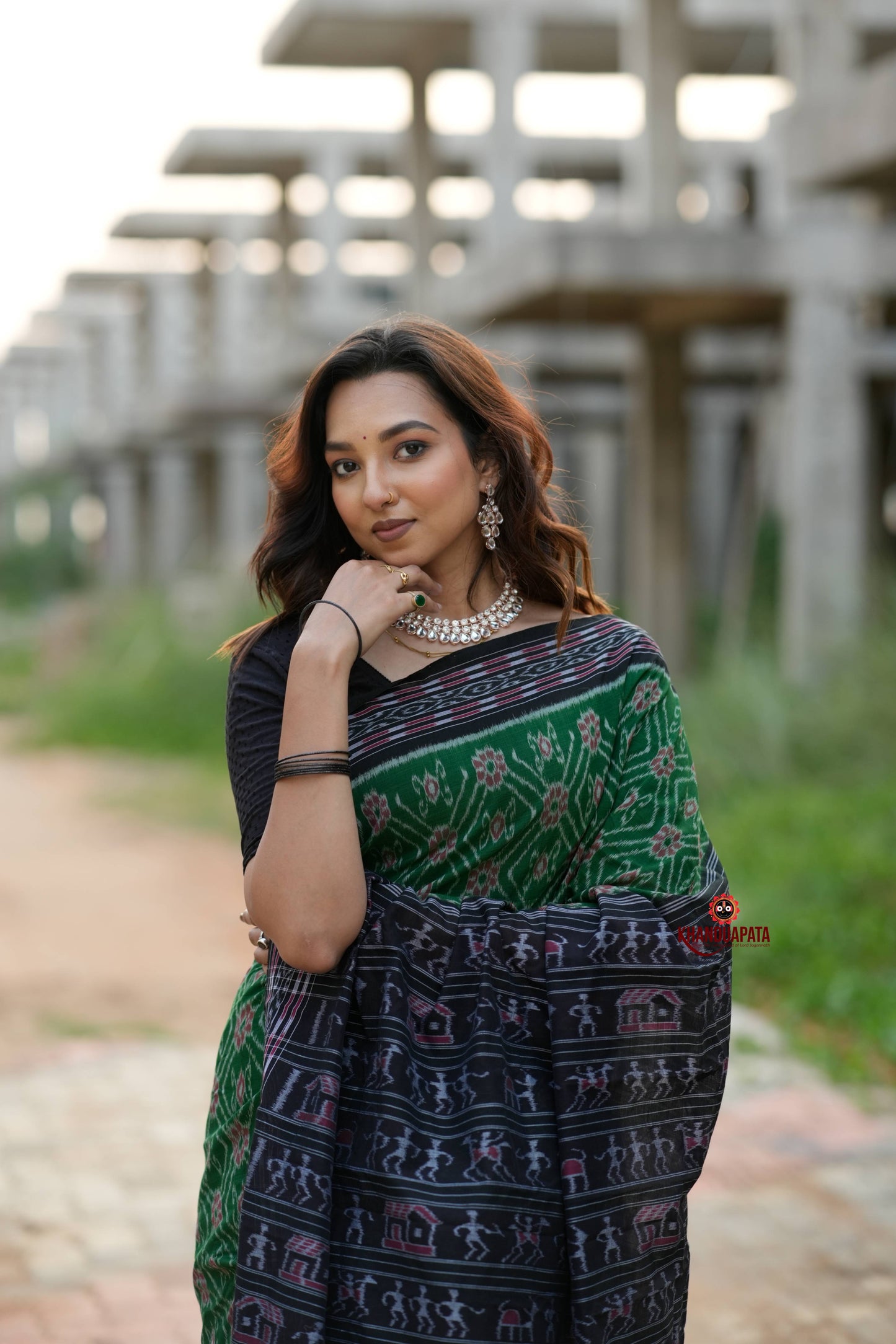 Black & Green Body Design Cotton Saree For Women