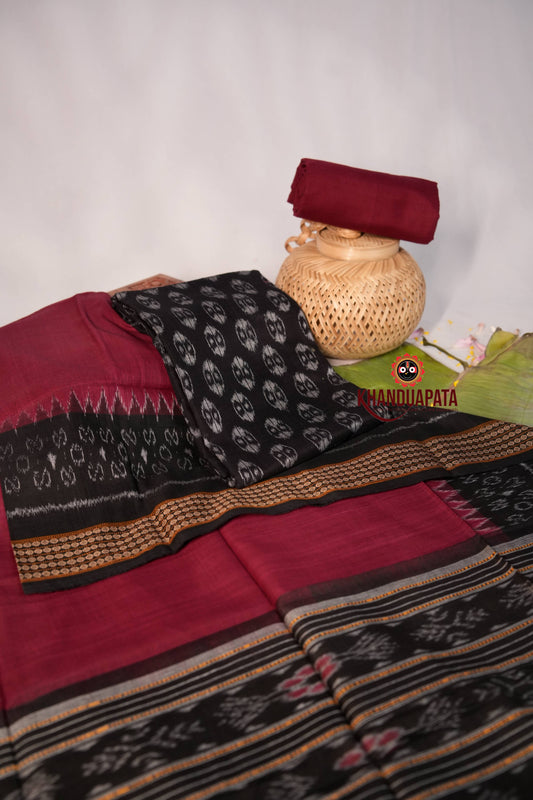 Black & Red Ethnic Design Unstitched Cotton Suit For Women