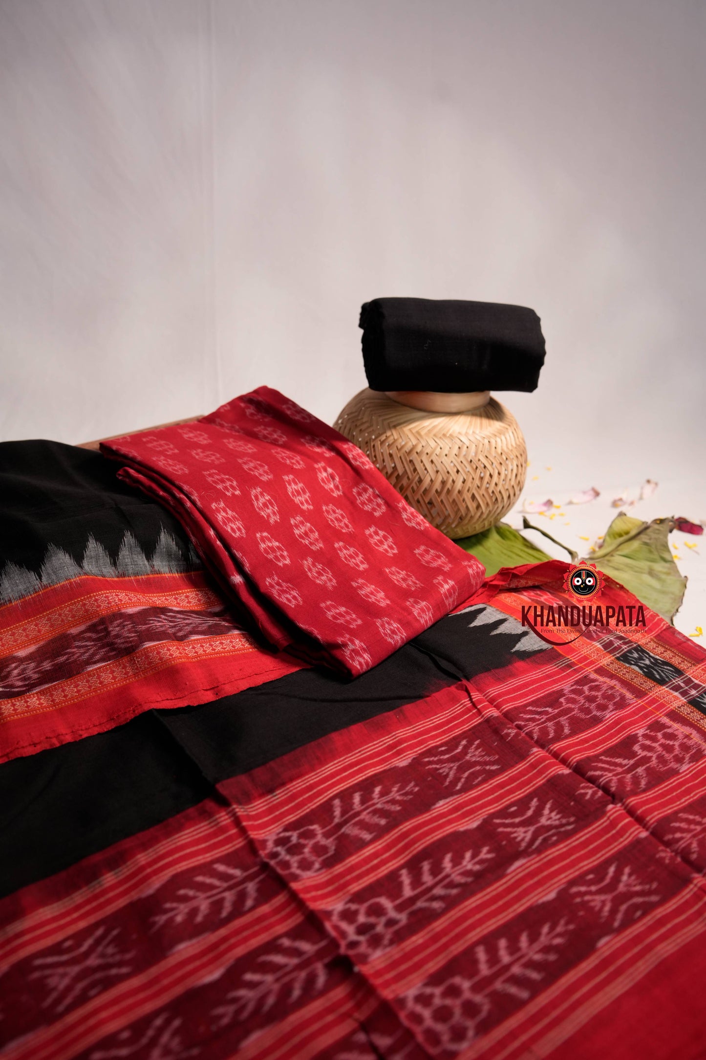 Black & Red Flower Design Unstitched Cotton Suit For Women