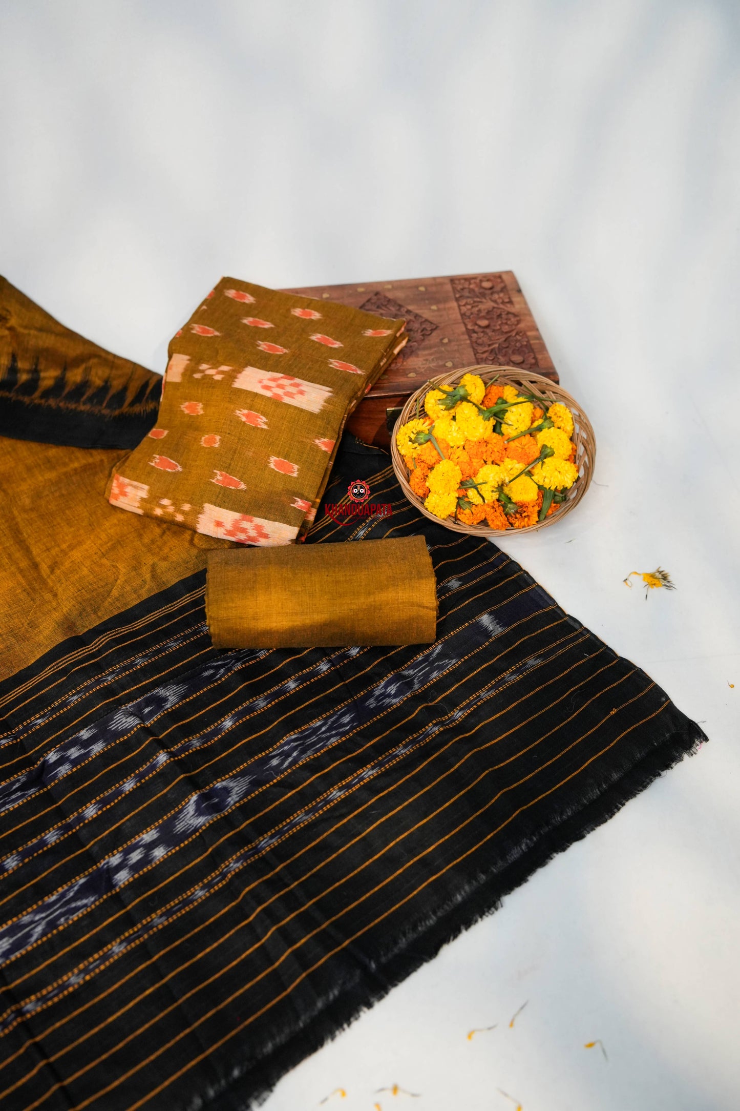 Black & Mustard Small Box Unstitched Cotton Suit For Women