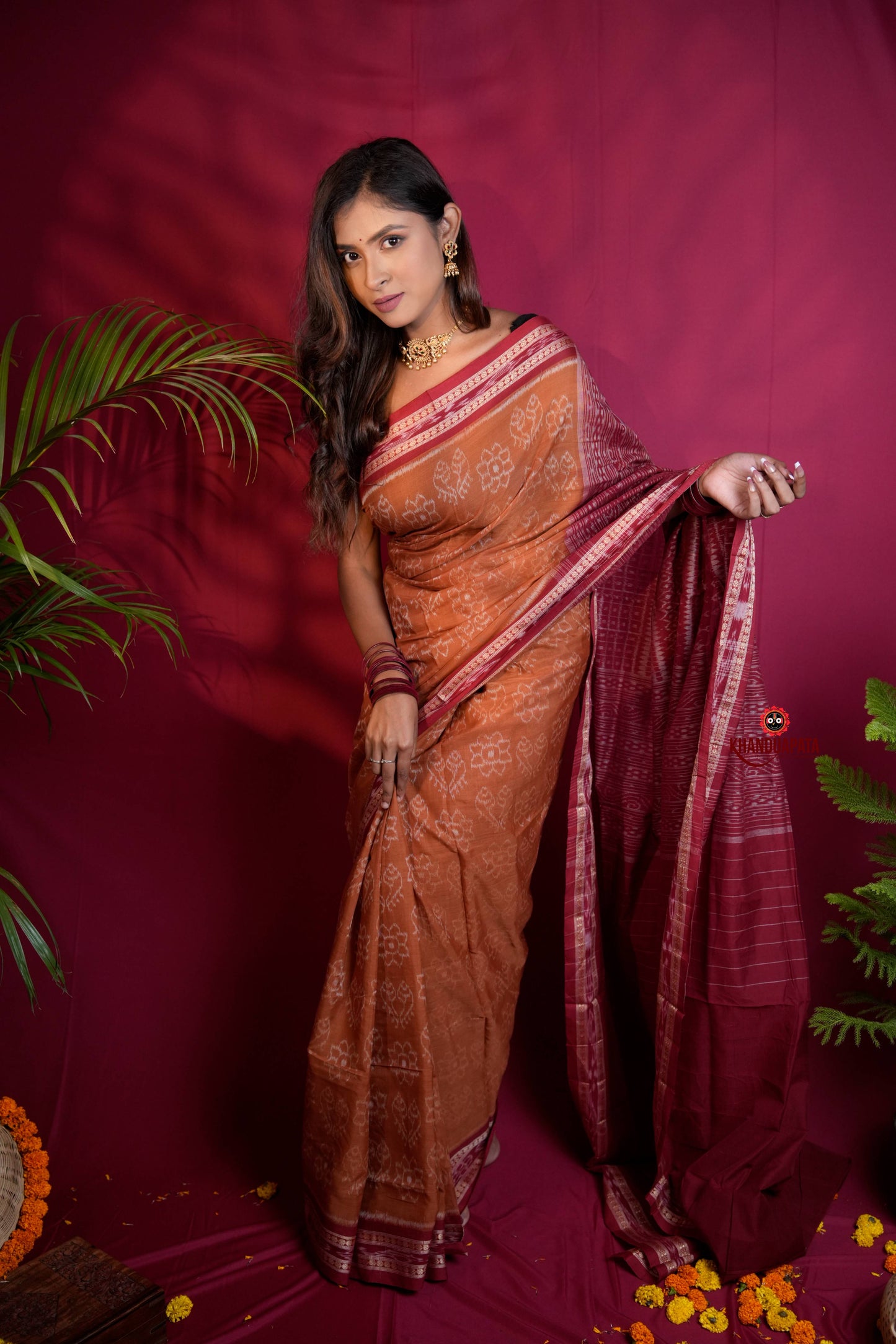 Brown & Maroon Colour Body Design Cotton Saree For Women