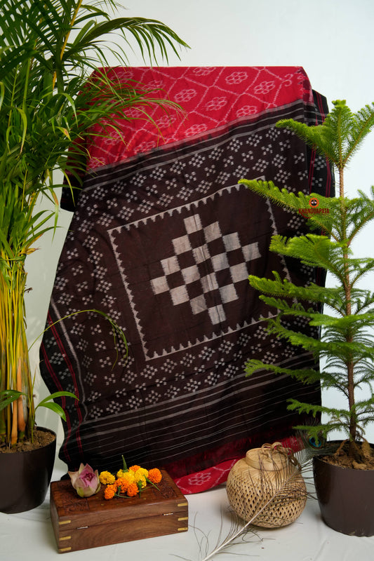 Red & Black Oval Design Pasapali Border Cotton Saree For Women