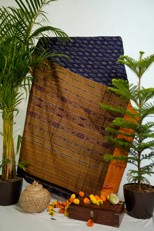 Blue & Orange Colour Flower Design Cotton Saree For Women