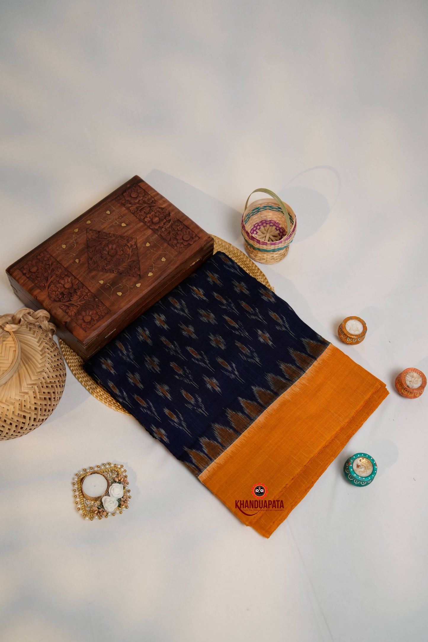 Blue & Orange Colour Flower Design Cotton Saree For Women