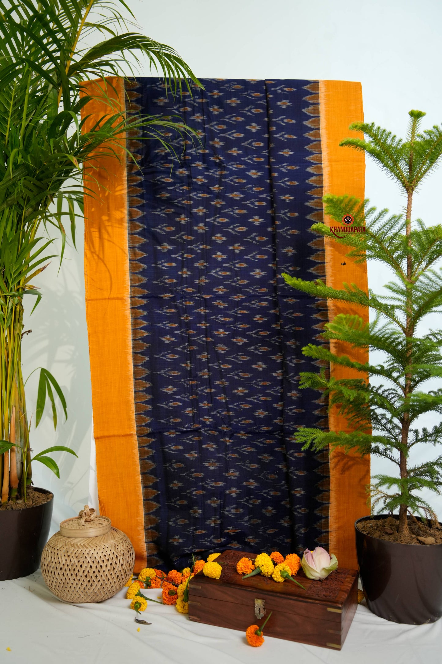 Blue & Orange Colour Flower Design Cotton Saree For Women