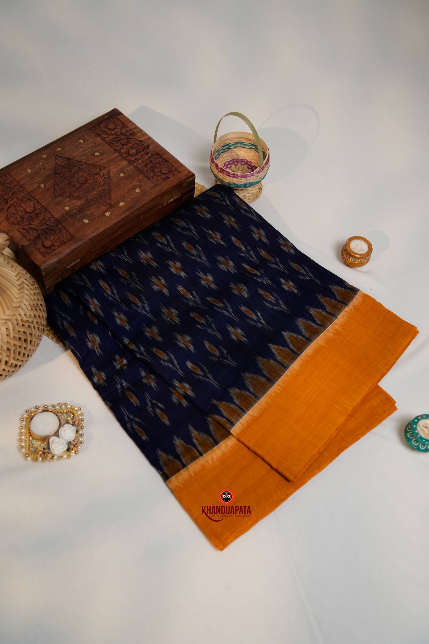 Blue & Orange Colour Flower Design Cotton Saree For Women