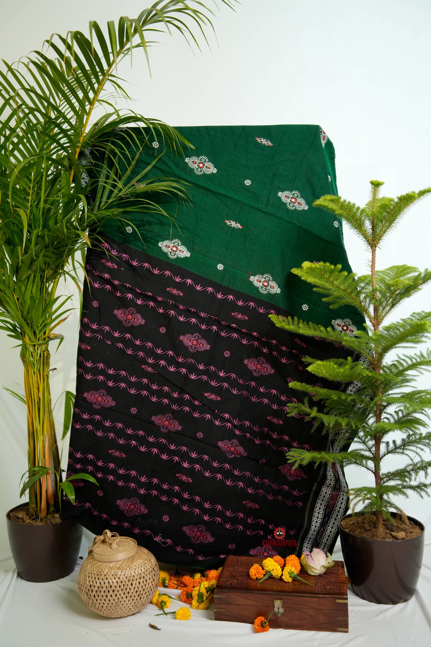 Green & Black Embroidery Design Cotton Saree For Women