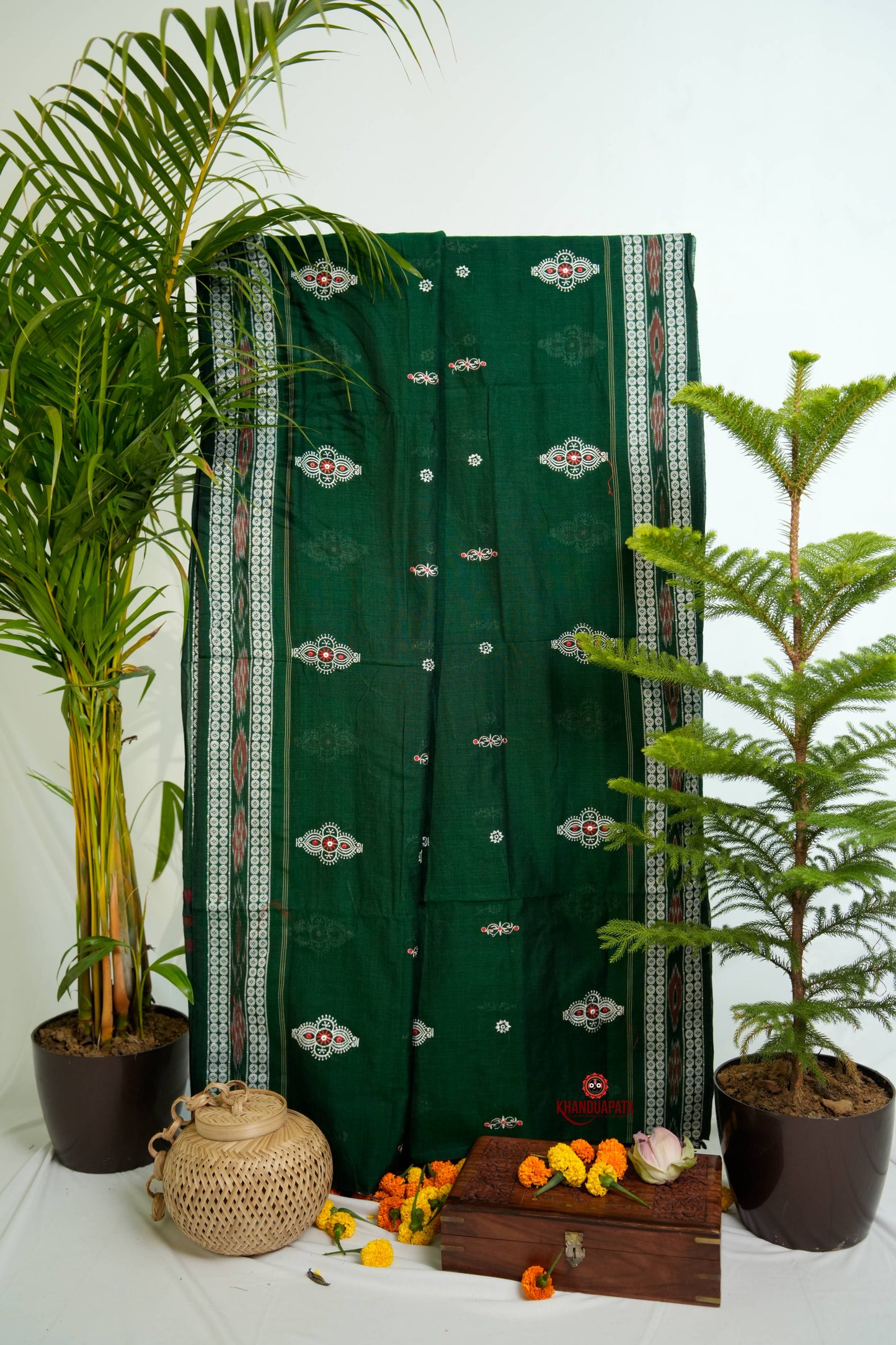 Green & Black Embroidery Design Cotton Saree For Women