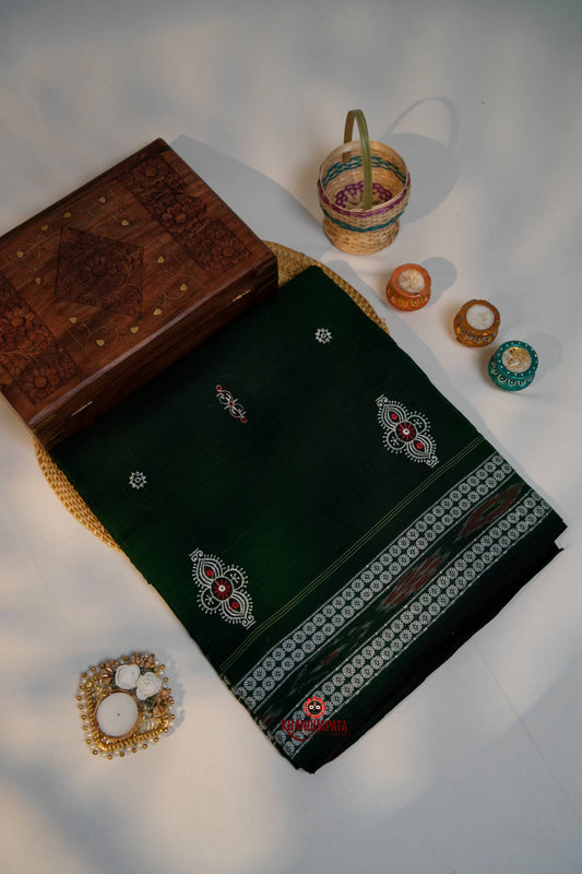 Green & Black Embroidery Design Cotton Saree For Women