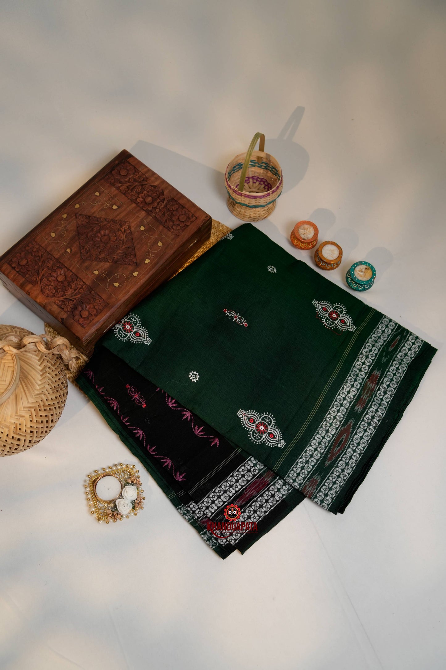 Green & Black Embroidery Design Cotton Saree For Women
