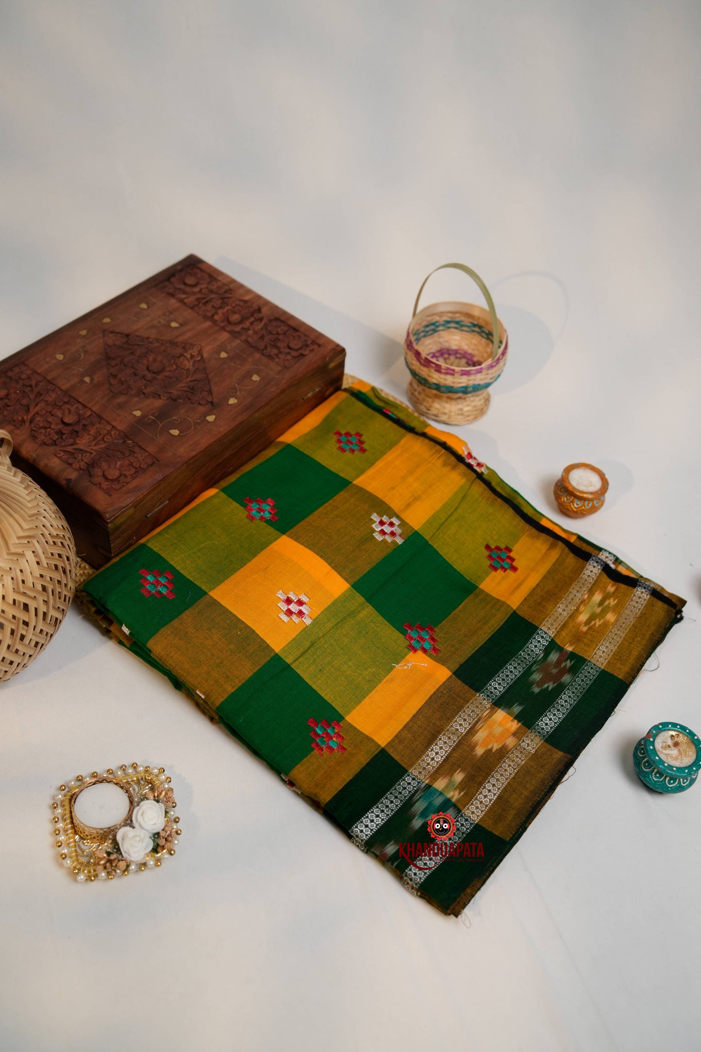 Green & Orange Colour Check Design Cotton Saree For Women
