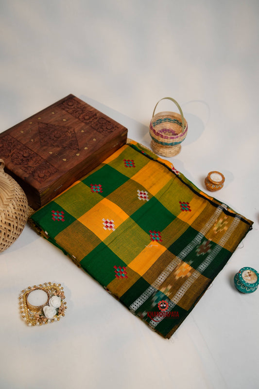 Green & Orange Colour Check Design Cotton Saree For Women