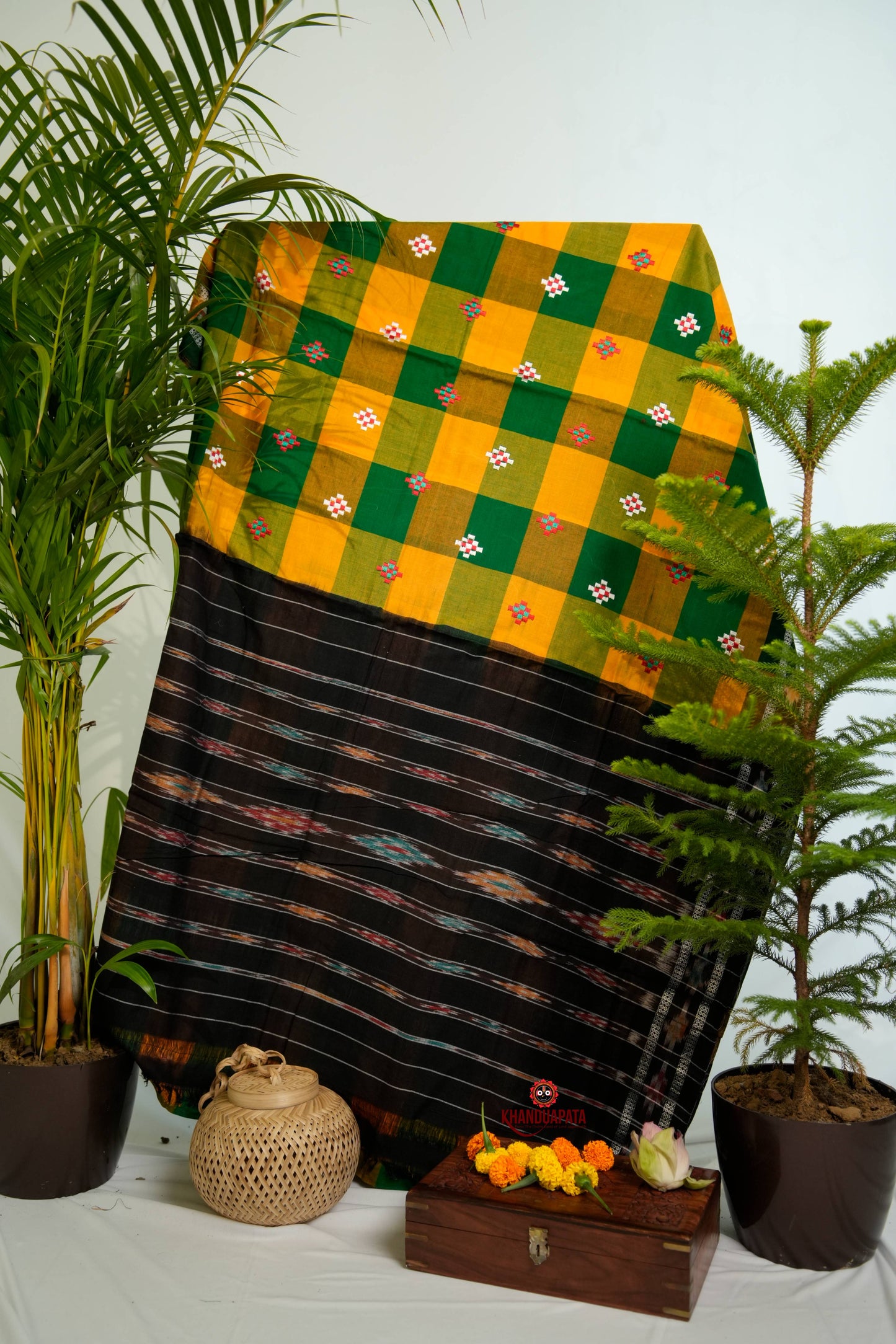 Green & Orange Colour Check Design Cotton Saree For Women