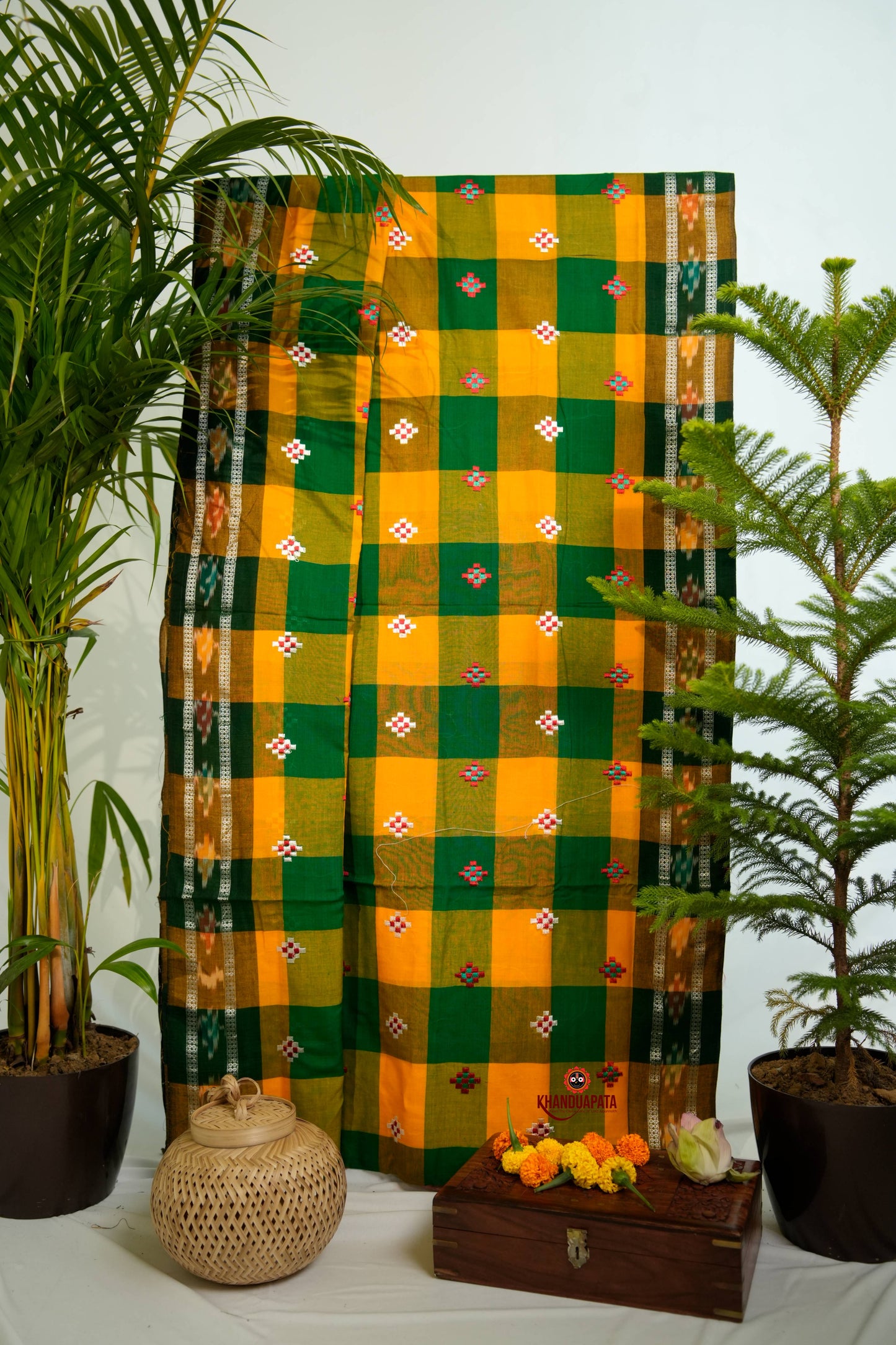 Green & Orange Colour Check Design Cotton Saree For Women