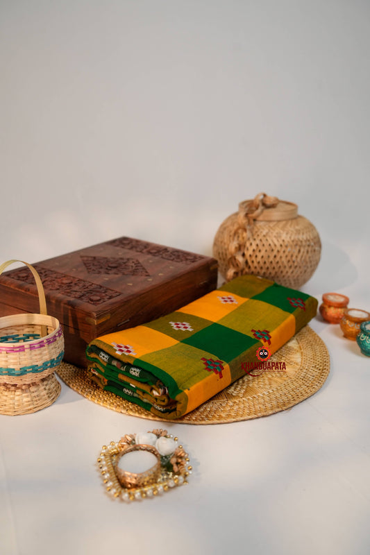 Green & Orange Colour Check Design Cotton Saree For Women