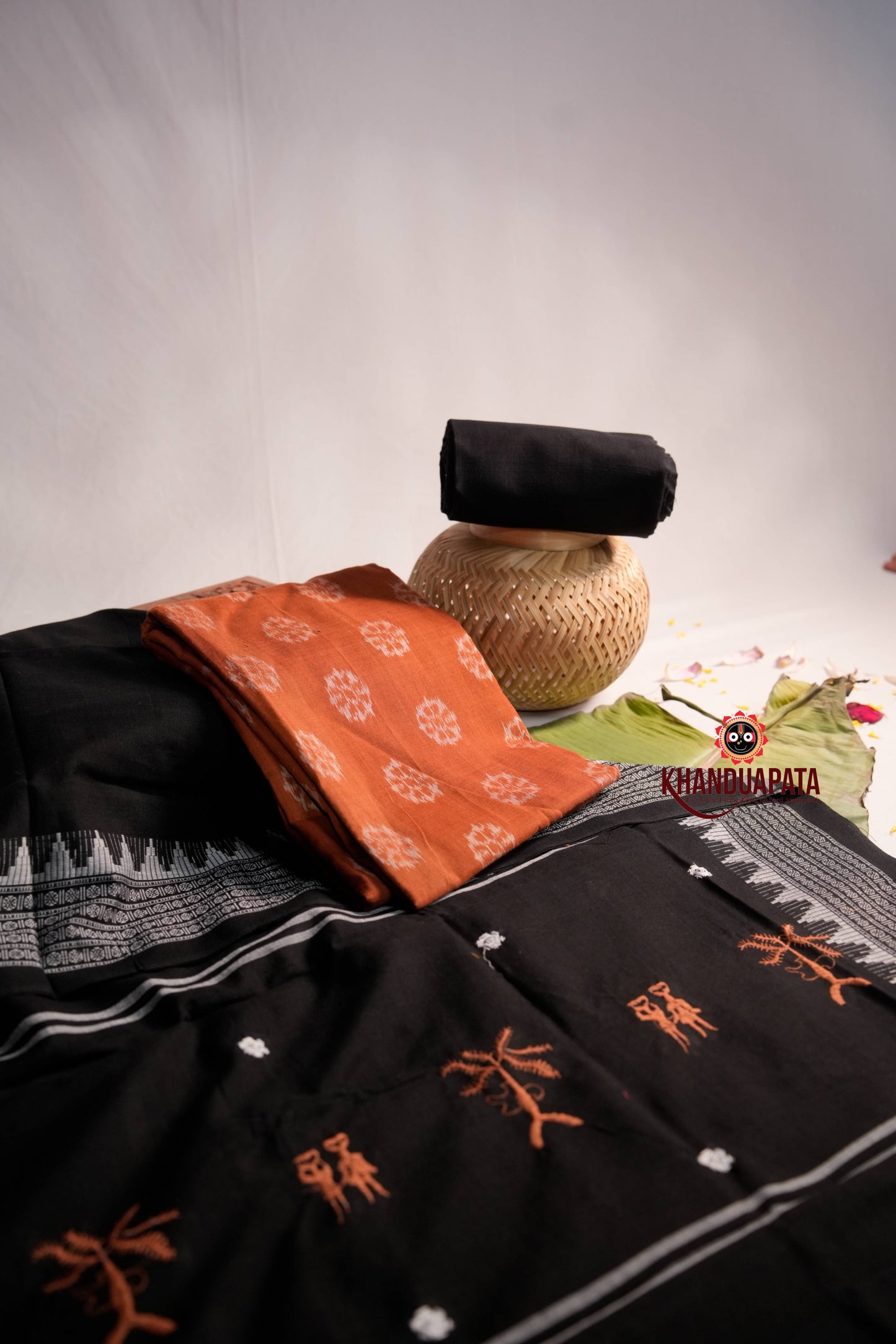 Black & Orange Eembroidery Ethnic Design Unstitched Cotton Suit For Women