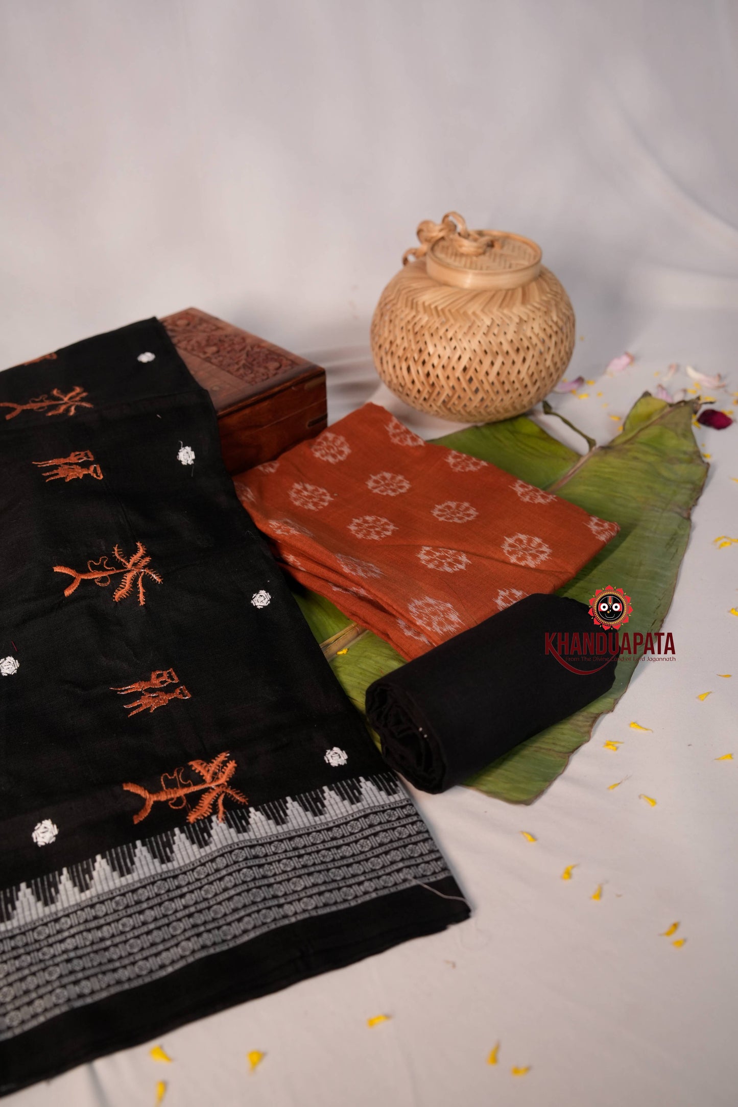 Black & Orange Eembroidery Ethnic Design Unstitched Cotton Suit For Women